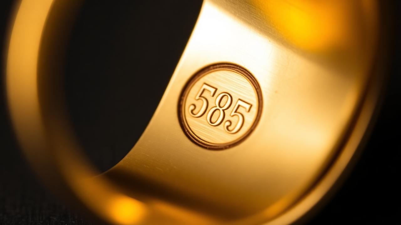 Close-up van een 585 keurteken in een gouden ring